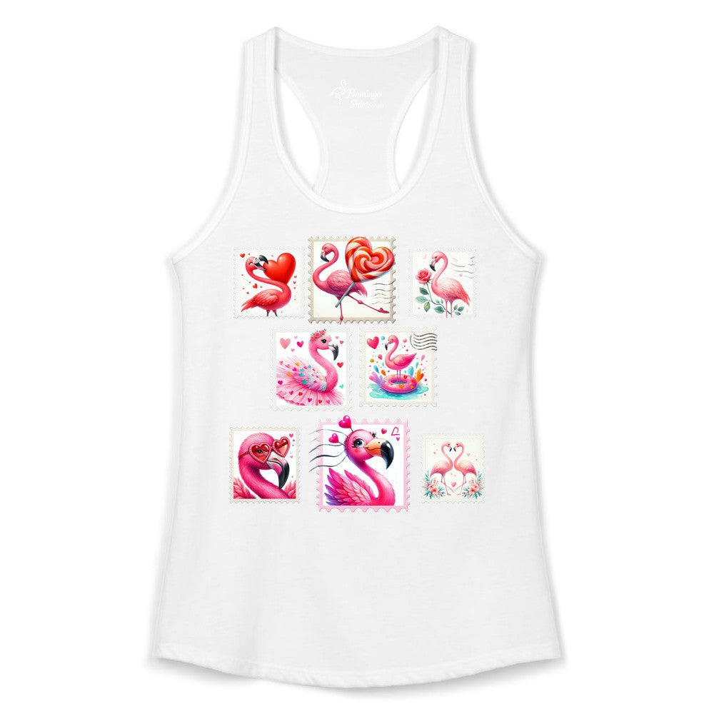 Valentine Flamingo Shirt - Cute Flamingo Love Apparel for Women (Ladies Tank) in White - Cute Valentine Flamingo Postage Stamp Shirt for Women and Girls