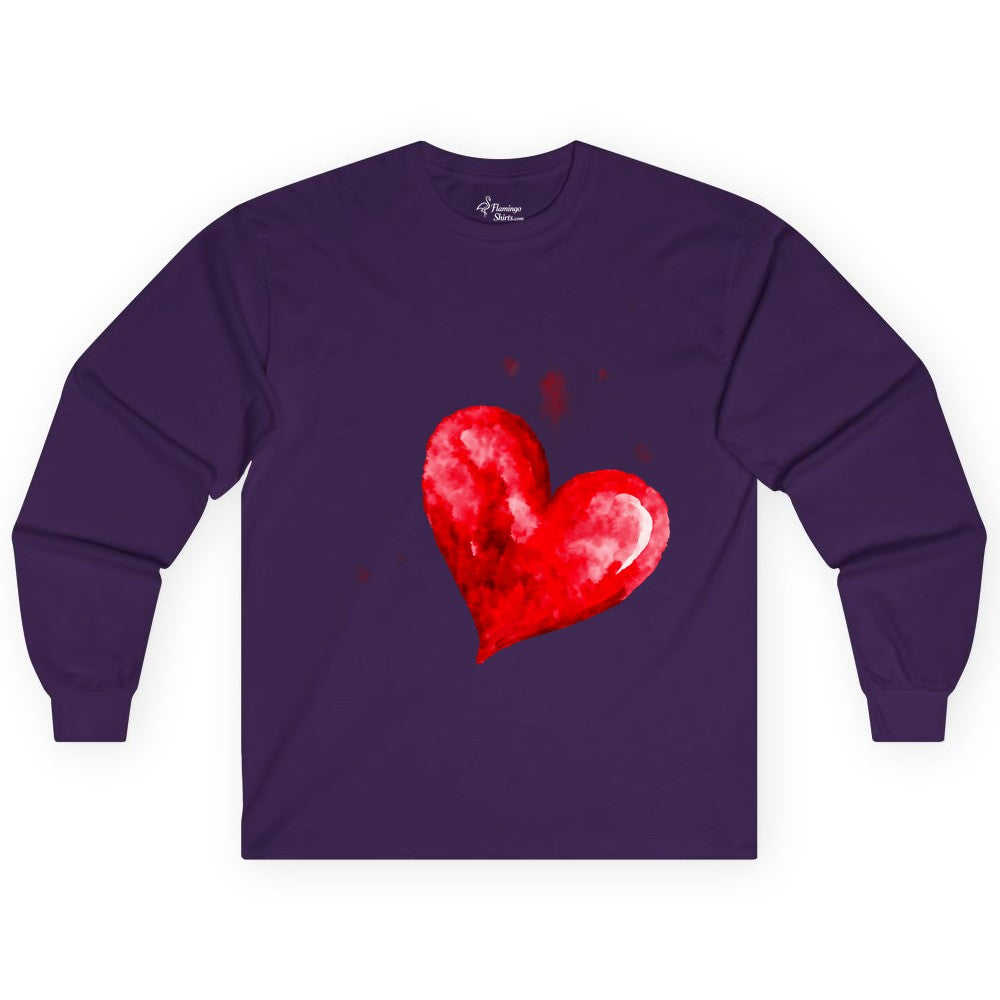 Watercolor Heart Shirt - Romantic Love Art Tee for Couples (Long Sleeve) in Purple - Watercolor Heart Love Art Shirt - Artistic Romantic Brush Stroke Tee