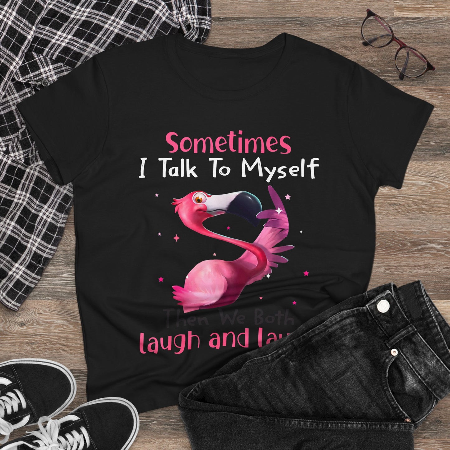 Funny Flamingo Laugh and Talk to Myself Cartoon Tropical Shirt — Ladies Tee