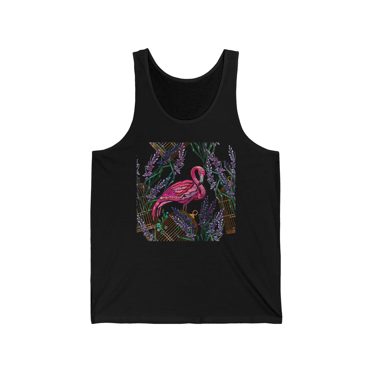 Embroidered Flamingo and Lavender Florals - Tropical Bird Shirt Design — Tank Top