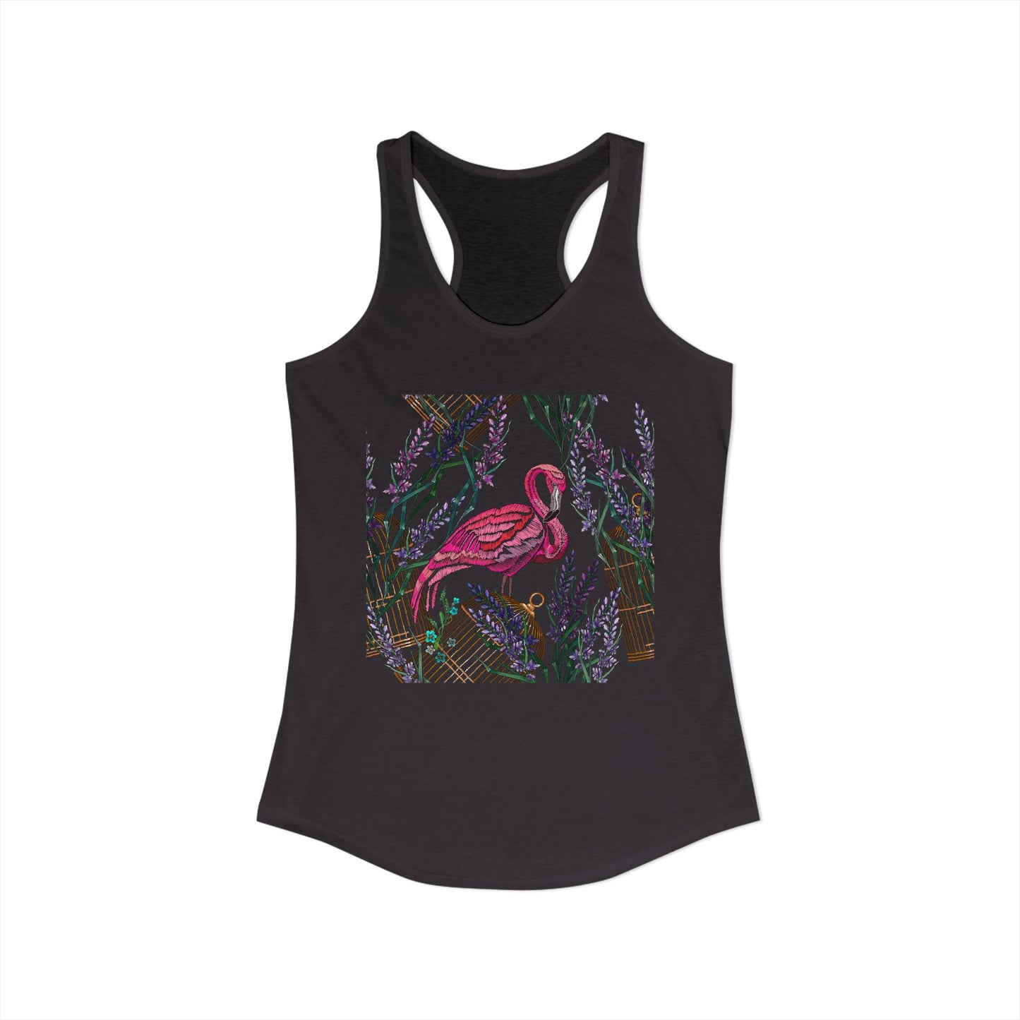 Embroidered Flamingo and Lavender Florals - Tropical Bird Shirt Design — Ladies Tank