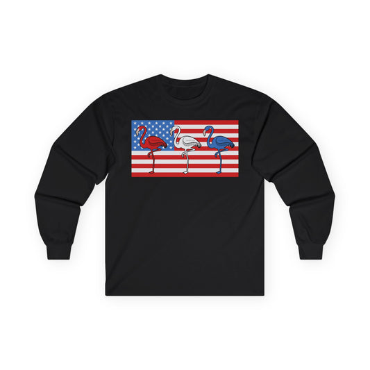 Patriotic Flamingo Shirt - Red White Blue Flamingos American Flag Tee — Long Sleeve