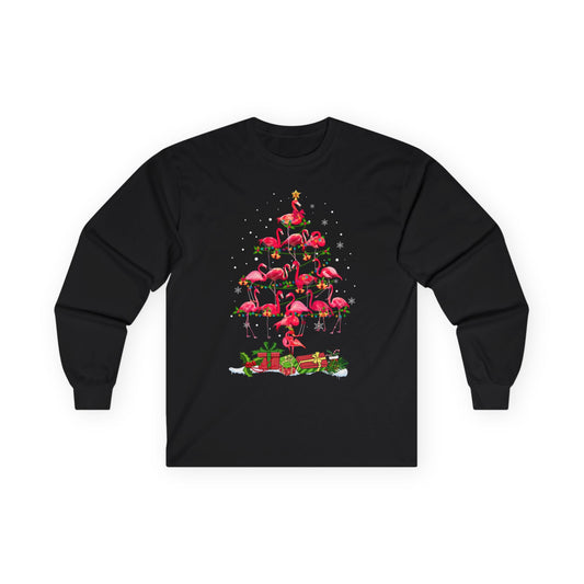 Flamingo Christmas Tree Shirt - Tropical Holiday Snowflake Design — Long Sleeve