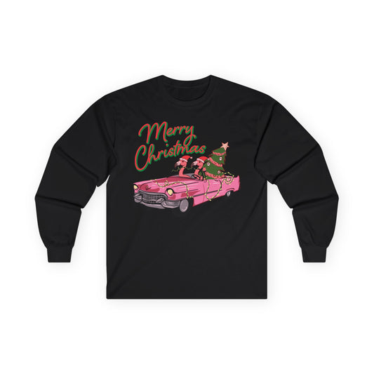 Flamingo Christmas Shirt - Tropical Retro Car Holiday Party Tee — Long Sleeve