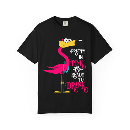 Pretty in Pink Flamingo Drinking Humor Tropical Party Shirt — Comfort