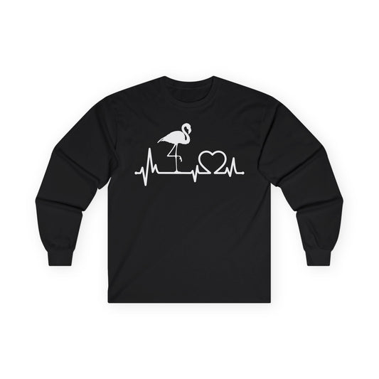 Flamingo Heartbeat Line Minimalist Tropical Bird Silhouette Shirt — Long Sleeve
