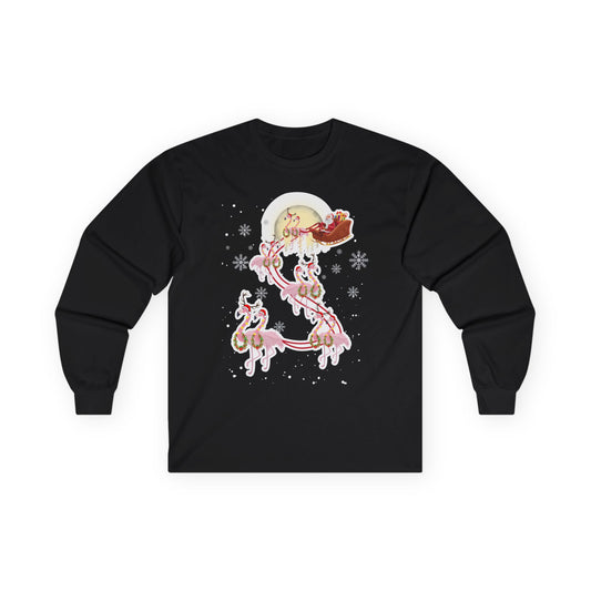 Flamingo Santa Sleigh Tropical Christmas Shirt With Winter Moon — Long Sleeve