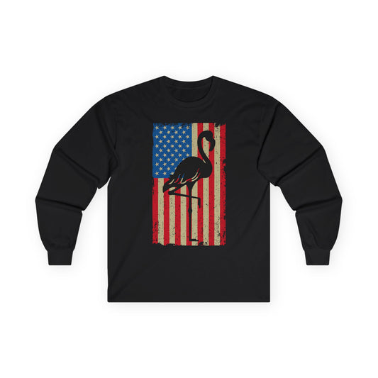 Patriotic Flamingo Silhouette Vintage Distressed American Flag Shirt — Long Sleeve