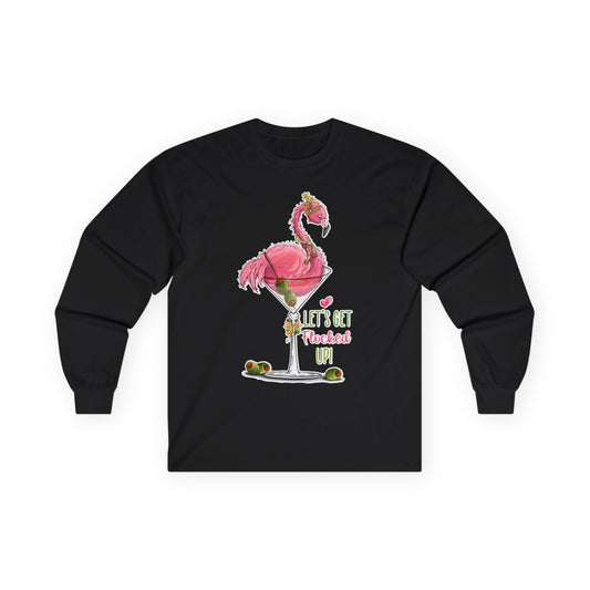 Funny Flamingo Martini Party Shirt - Let’s Get Flocked Up Tropical Tee — Long Sleeve