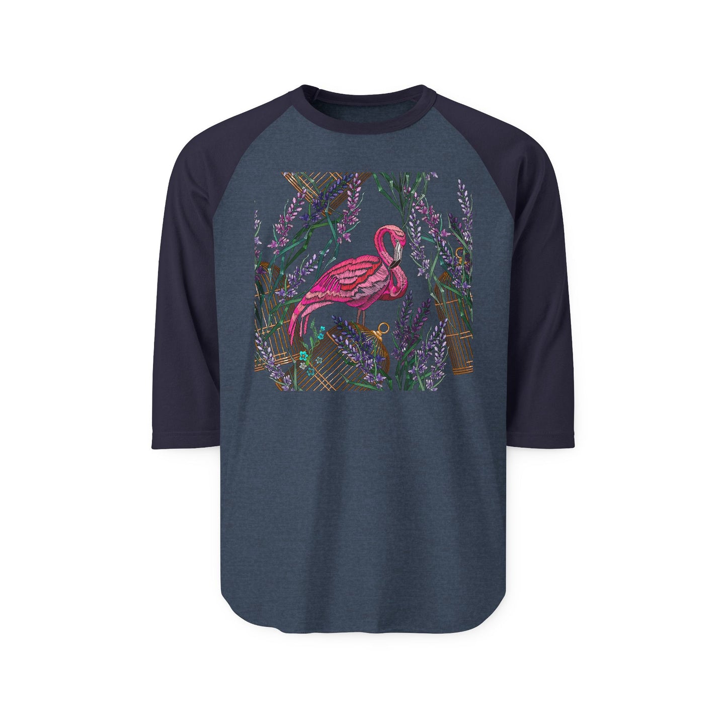 Embroidered Flamingo and Lavender Florals - Tropical Bird Shirt Design — 3/4 Sleeve