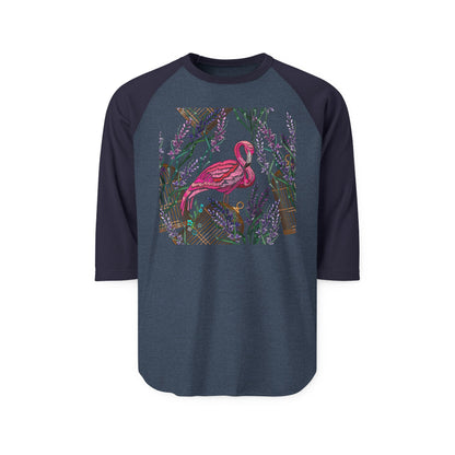 Embroidered Flamingo and Lavender Florals - Tropical Bird Shirt Design — 3/4 Sleeve