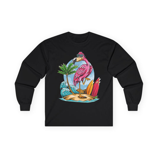 Tropical Flamingo Surfboards Cartoon Beach Shirt Vibrant Summer Tee — Long Sleeve
