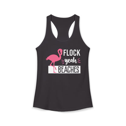 Flock Yeah Beaches Bold Pink Flamingo Playful Beach Pun Shirt — Ladies Tank
