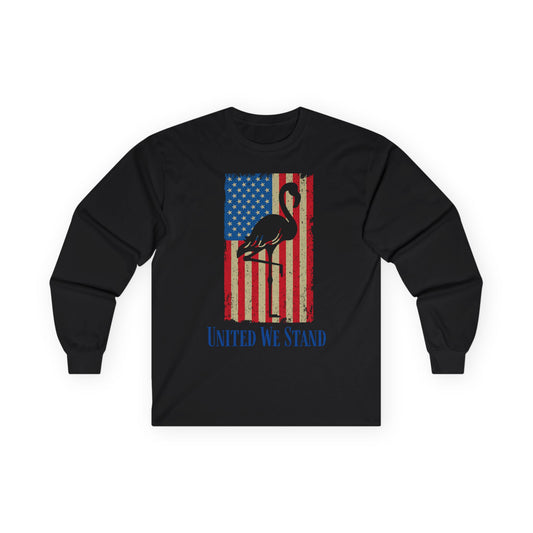 Patriotic Flamingo United We Stand Vintage USA Flag Shirt Design — Long Sleeve