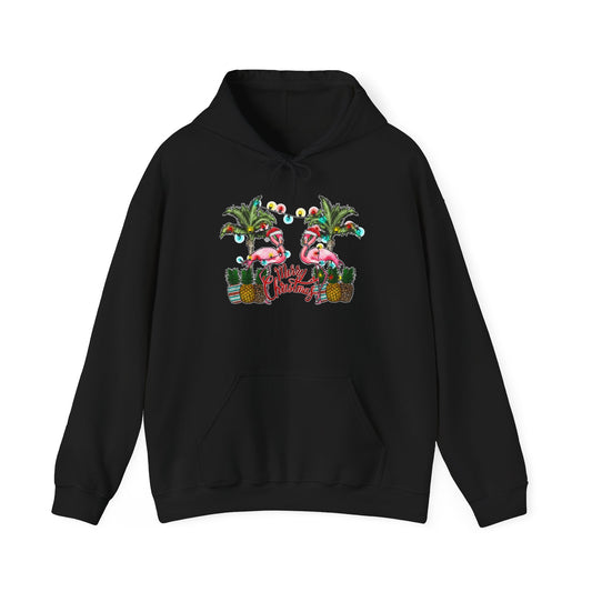 Tropical Flamingo Christmas Shirt - Palm Trees and Festive Lights — Hoodie