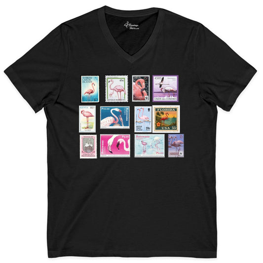 Flamingo Stamp Shirt - Vintage Postage Tee for Bird Lovers & Travel (V-Neck) in Black - Vintage Flamingo Stamp Collage Shirt - Retro Postage Travel Tee
