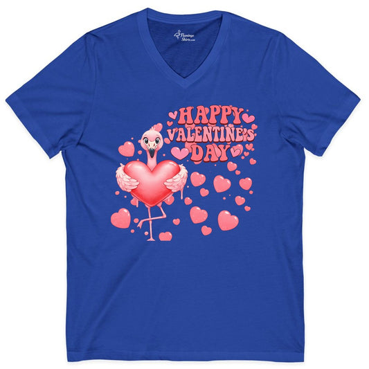 Flamingo Valentines Shirt - Cute Heart Pink Love Tee for Women Kids (V-Neck) in True Royal - Valentine Flamingo Holding Heart Shirt - Cute Pink Love Tee