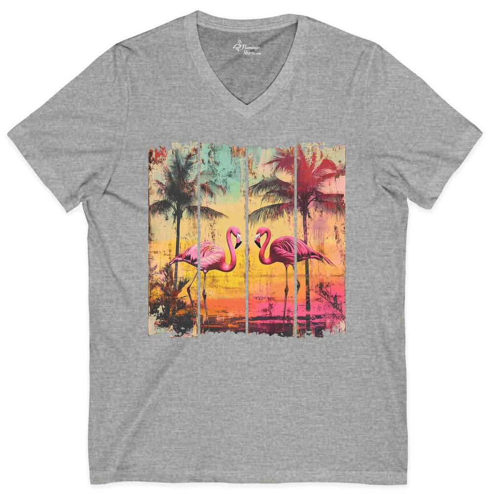 Flamingo Sunset Shirt - Retro Tropical Beach Apparel Vintage Tee (V-Neck) in Athletic Heather - Retro Tropical Flamingo Sunset Shirt - Vintage Palm Trees Beach Tee