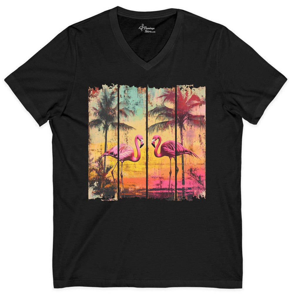 Flamingo Sunset Shirt - Retro Tropical Beach Apparel Vintage Tee (V-Neck) in Black - Retro Tropical Flamingo Sunset Shirt - Vintage Palm Trees Beach Tee