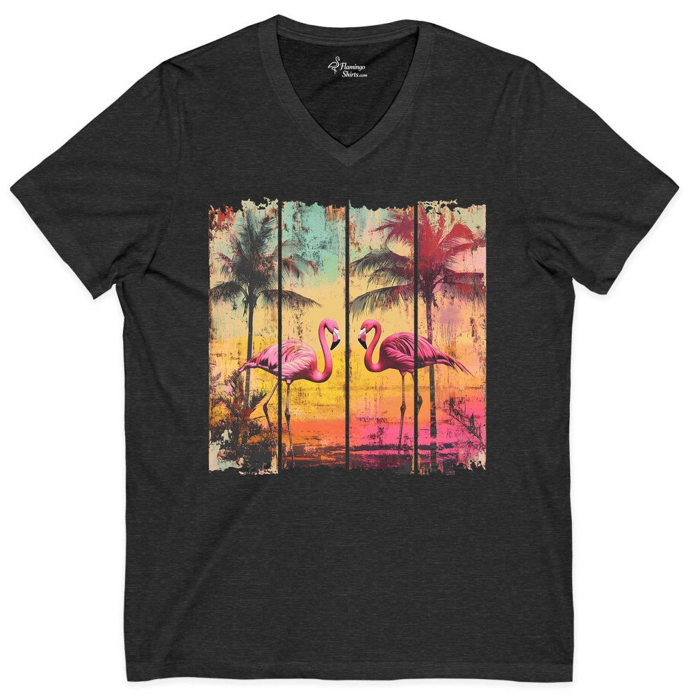 Flamingo Sunset Shirt - Retro Tropical Beach Apparel Vintage Tee (V-Neck) in Dark Grey Heather - Retro Tropical Flamingo Sunset Shirt - Vintage Palm Trees Beach Tee