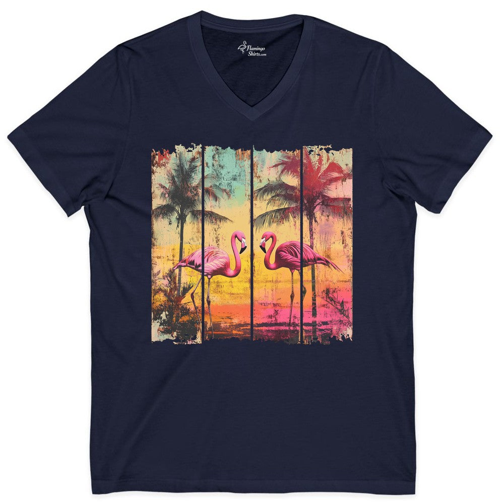 Flamingo Sunset Shirt - Retro Tropical Beach Apparel Vintage Tee (V-Neck) in Navy - Retro Tropical Flamingo Sunset Shirt - Vintage Palm Trees Beach Tee