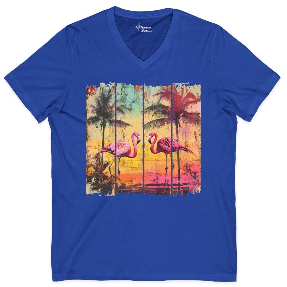 Flamingo Sunset Shirt - Retro Tropical Beach Apparel Vintage Tee (V-Neck) in True Royal - Retro Tropical Flamingo Sunset Shirt - Vintage Palm Trees Beach Tee