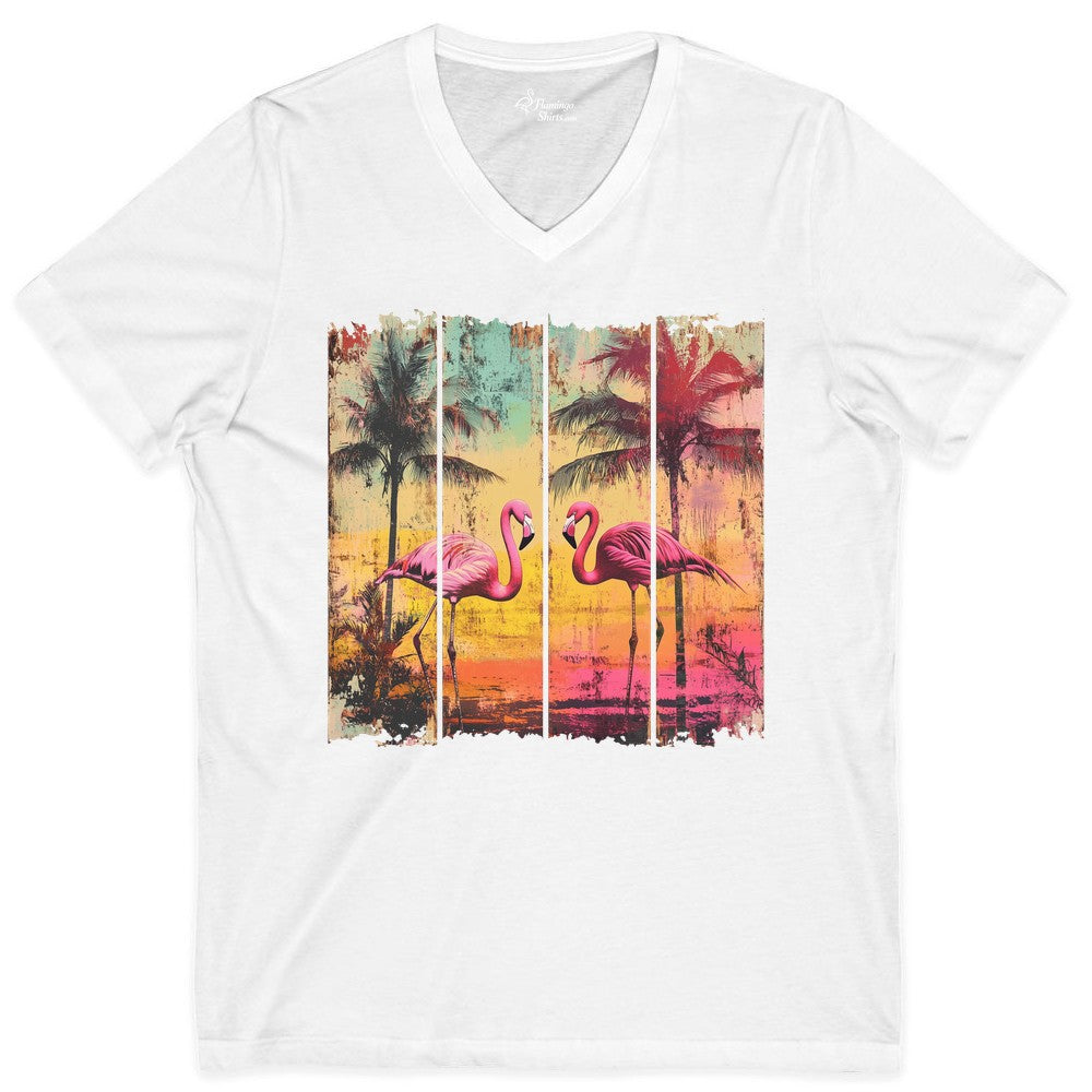 Flamingo Sunset Shirt - Retro Tropical Beach Apparel Vintage Tee (V-Neck) in White - Retro Tropical Flamingo Sunset Shirt - Vintage Palm Trees Beach Tee
