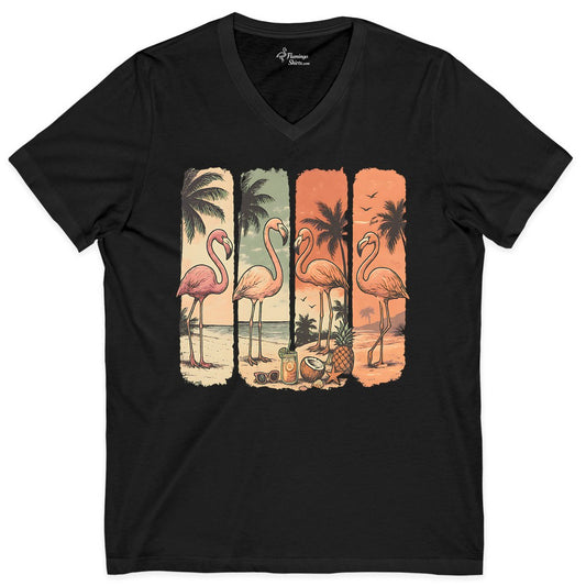 Flamingo Beach Shirt - Retro Tropical Vacation Tee for Summer Fun (V-Neck) in Black - Retro Tropical Flamingo Beach Scene Shirt - Vintage Summer Coastal Tee