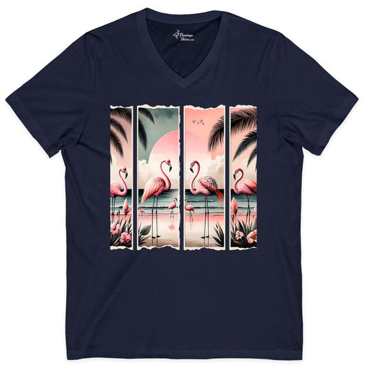 Flamingo Beach Shirt - Tropical Sunset Apparel for Vacation Fun (V-Neck) in Navy - Flamingo Beach Sunset Shirt - Tropical Pink Pastel Ocean Vibes