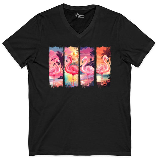 Flamingo Beach Shirt - Vibrant Tropical Sunset Apparel for Summer (V-Neck) in Black - Vibrant Flamingo Beach Shirt - Retro Tropical Sunset Art Tee