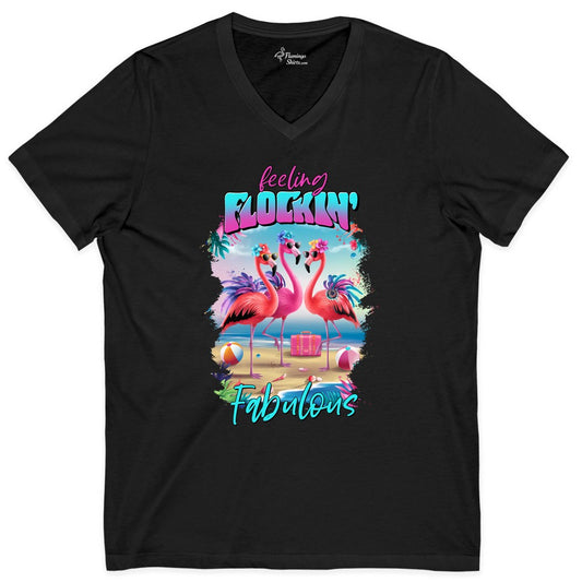 Flamingo Beach Shirt - Tropical Vacation Tee for Women & Teens (V-Neck) in Black - Feeling Flockin Fabulous Flamingo Tropical Beach Party Shirt