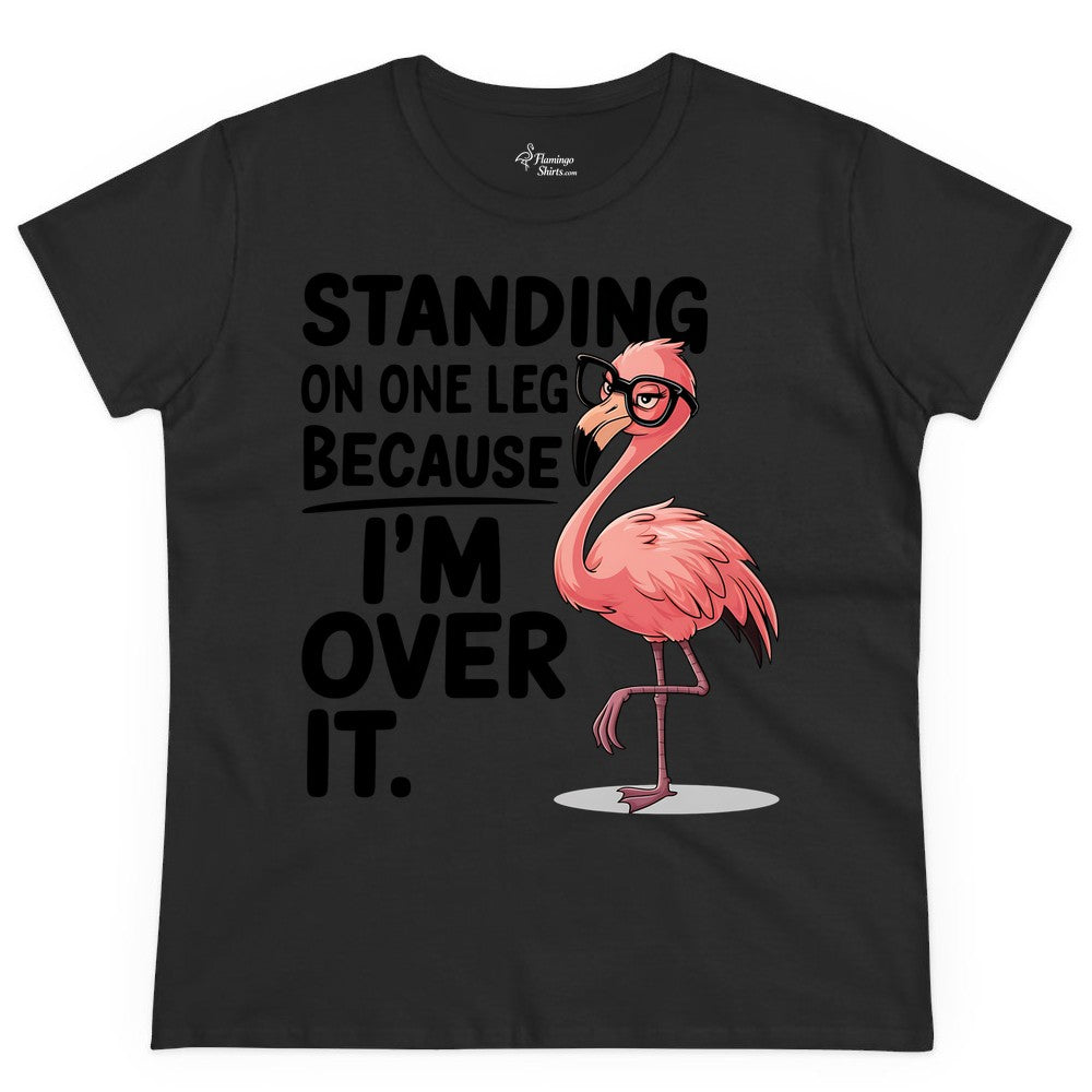 Funny Flamingo Shirt - Sarcastic Tropical Tee for Adults & Teens (Ladies Tee) in Black - Funny Flamingo With Glasses Sarcastic Cartoon Tropical Shirt