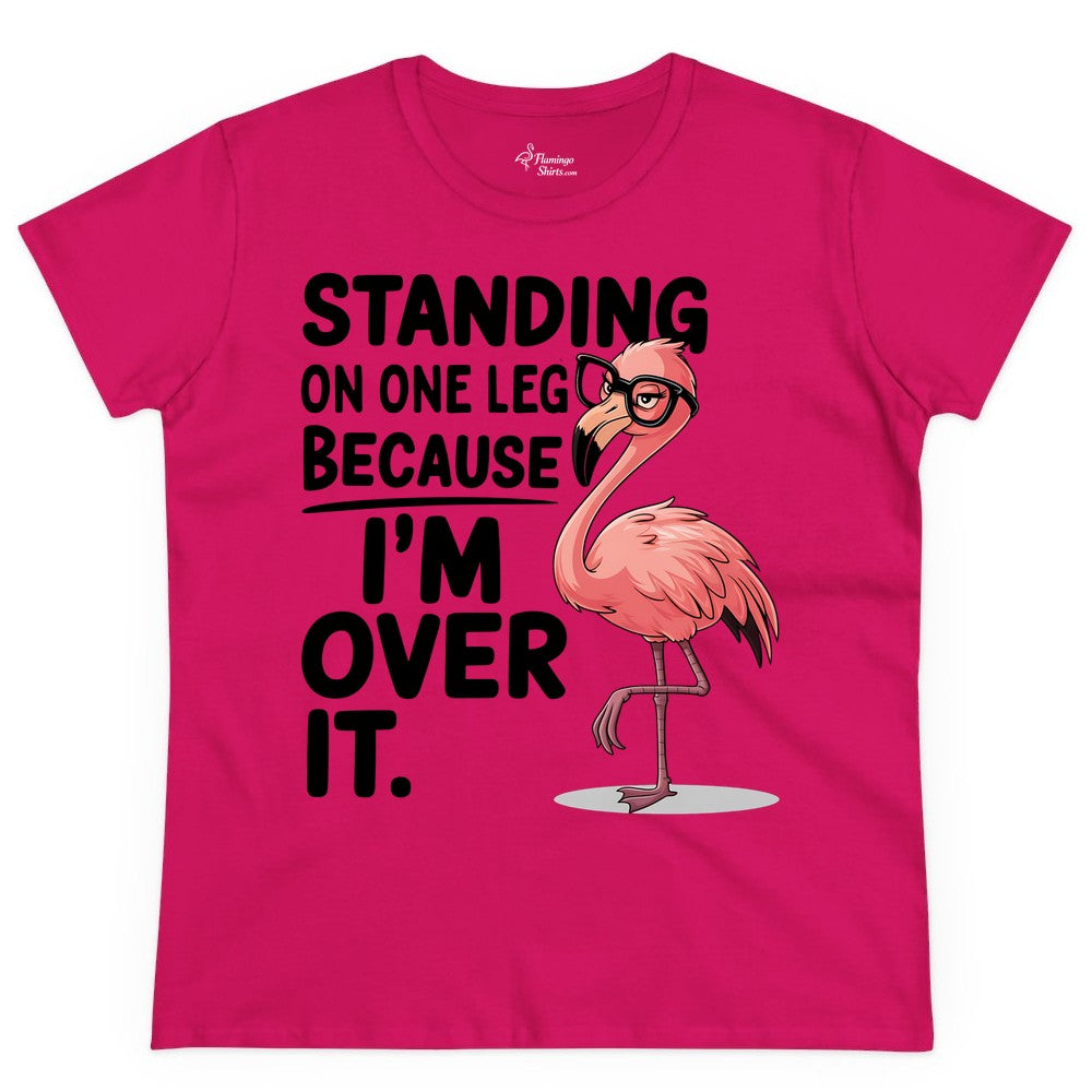 Funny Flamingo Shirt - Sarcastic Tropical Tee for Adults & Teens (Ladies Tee) in Heliconia - Funny Flamingo With Glasses Sarcastic Cartoon Tropical Shirt