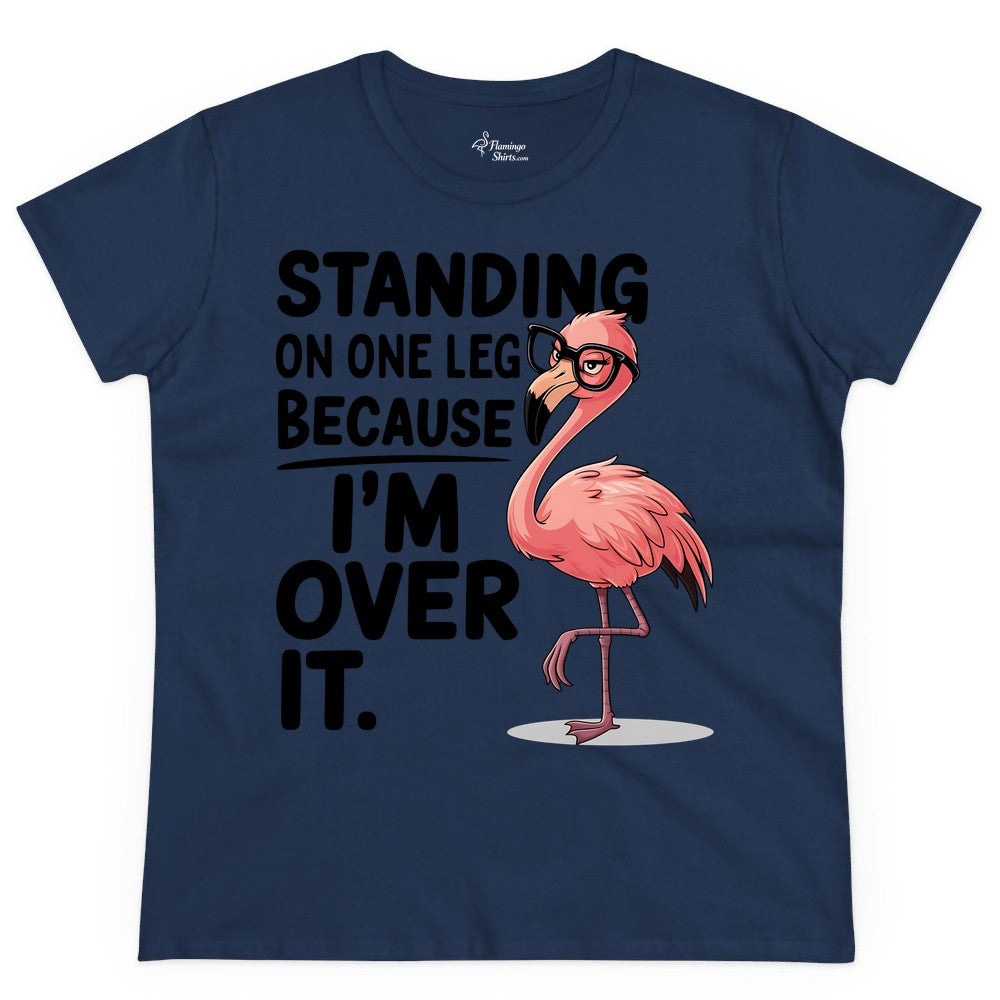 Funny Flamingo Shirt - Sarcastic Tropical Tee for Adults & Teens (Ladies Tee) in Navy - Funny Flamingo With Glasses Sarcastic Cartoon Tropical Shirt