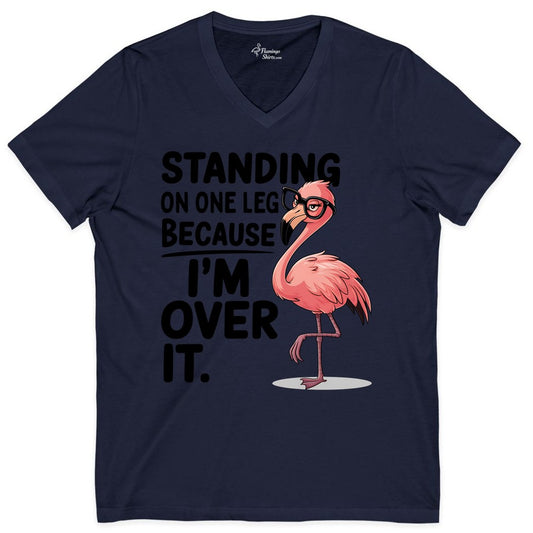 Funny Flamingo Shirt - Sarcastic Tropical Tee for Adults & Teens (V-Neck) in Navy - Funny Flamingo With Glasses Sarcastic Cartoon Tropical Shirt