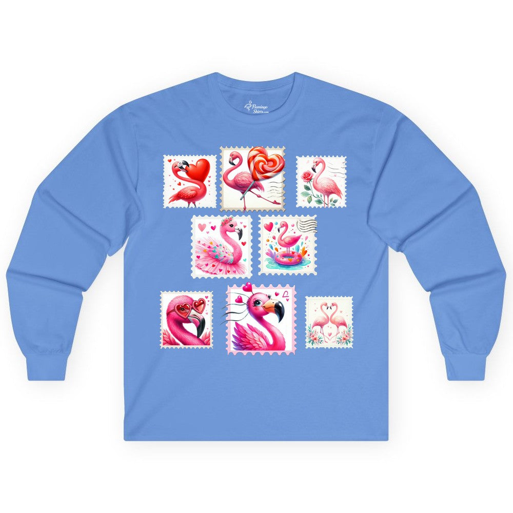 Valentine Flamingo Shirt - Cute Flamingo Love Apparel for Women (Long Sleeve) in Carolina Blue - Cute Valentine Flamingo Postage Stamp Shirt for Women and Girls