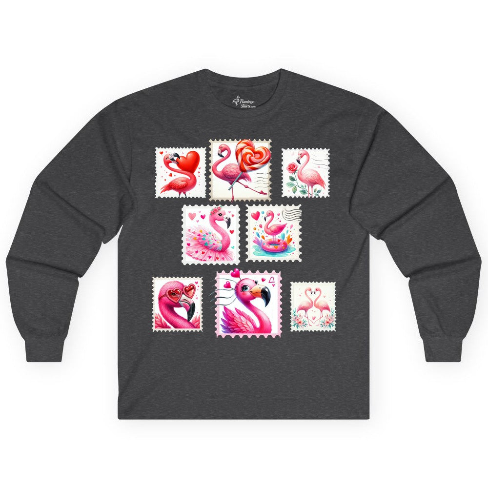 Valentine Flamingo Shirt - Cute Flamingo Love Apparel for Women (Long Sleeve) in Dark Heather - Cute Valentine Flamingo Postage Stamp Shirt for Women and Girls