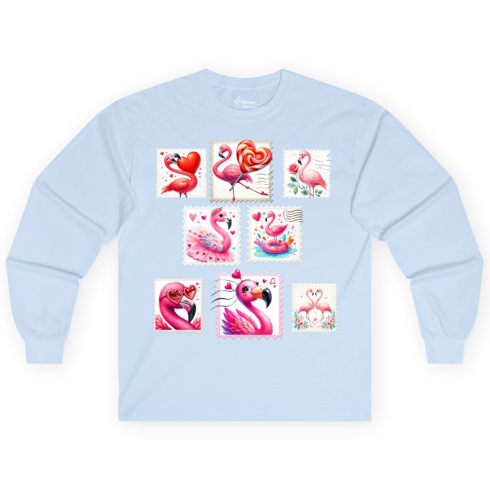 Valentine Flamingo Shirt - Cute Flamingo Love Apparel for Women (Long Sleeve) in Light Blue - Cute Valentine Flamingo Postage Stamp Shirt for Women and Girls