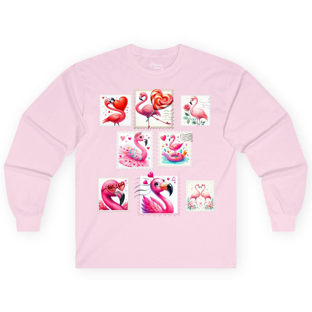 Valentine Flamingo Shirt - Cute Flamingo Love Apparel for Women (Long Sleeve) in Light Pink - Cute Valentine Flamingo Postage Stamp Shirt for Women and Girls