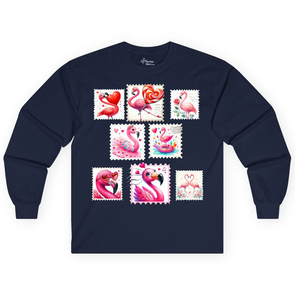 Valentine Flamingo Shirt - Cute Flamingo Love Apparel for Women (Long Sleeve) in Navy - Cute Valentine Flamingo Postage Stamp Shirt for Women and Girls