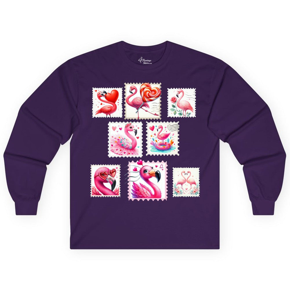 Valentine Flamingo Shirt - Cute Flamingo Love Apparel for Women (Long Sleeve) in Purple - Cute Valentine Flamingo Postage Stamp Shirt for Women and Girls