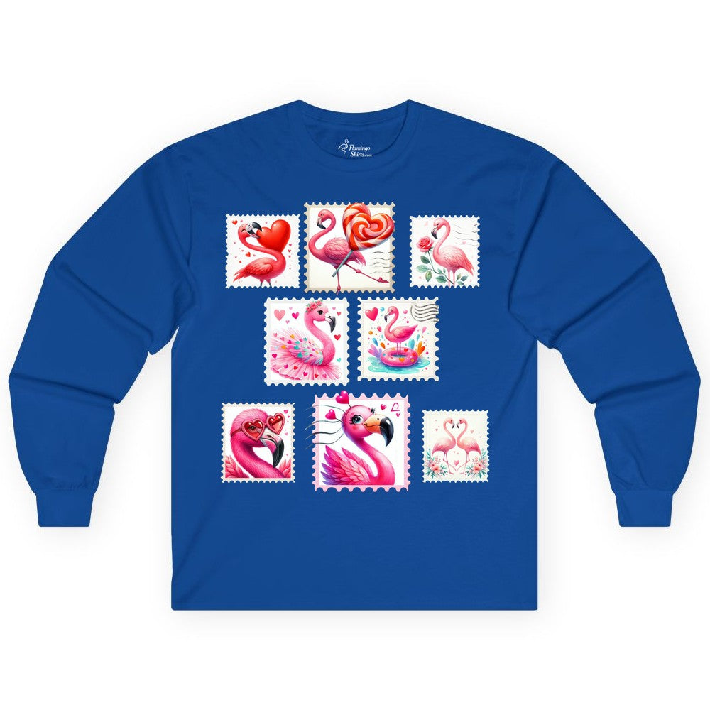 Valentine Flamingo Shirt - Cute Flamingo Love Apparel for Women (Long Sleeve) in Royal - Cute Valentine Flamingo Postage Stamp Shirt for Women and Girls