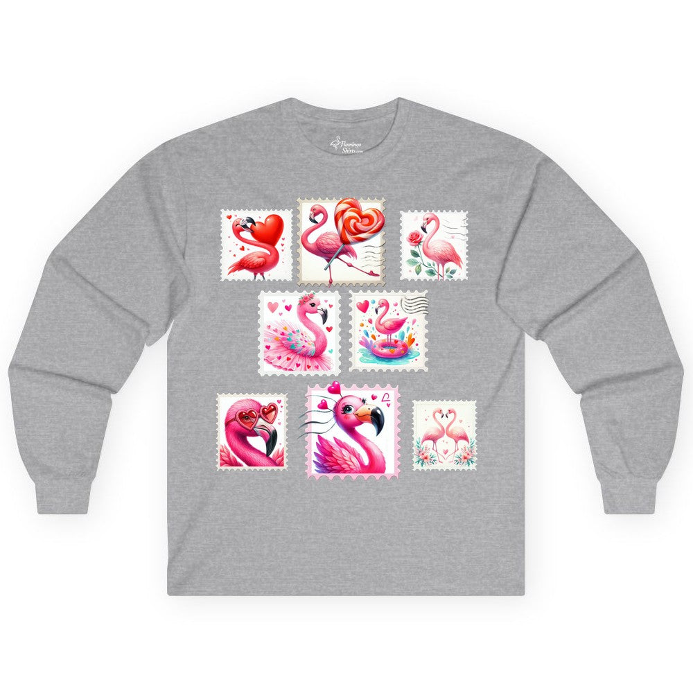 Valentine Flamingo Shirt - Cute Flamingo Love Apparel for Women (Long Sleeve) in Sport Grey - Cute Valentine Flamingo Postage Stamp Shirt for Women and Girls
