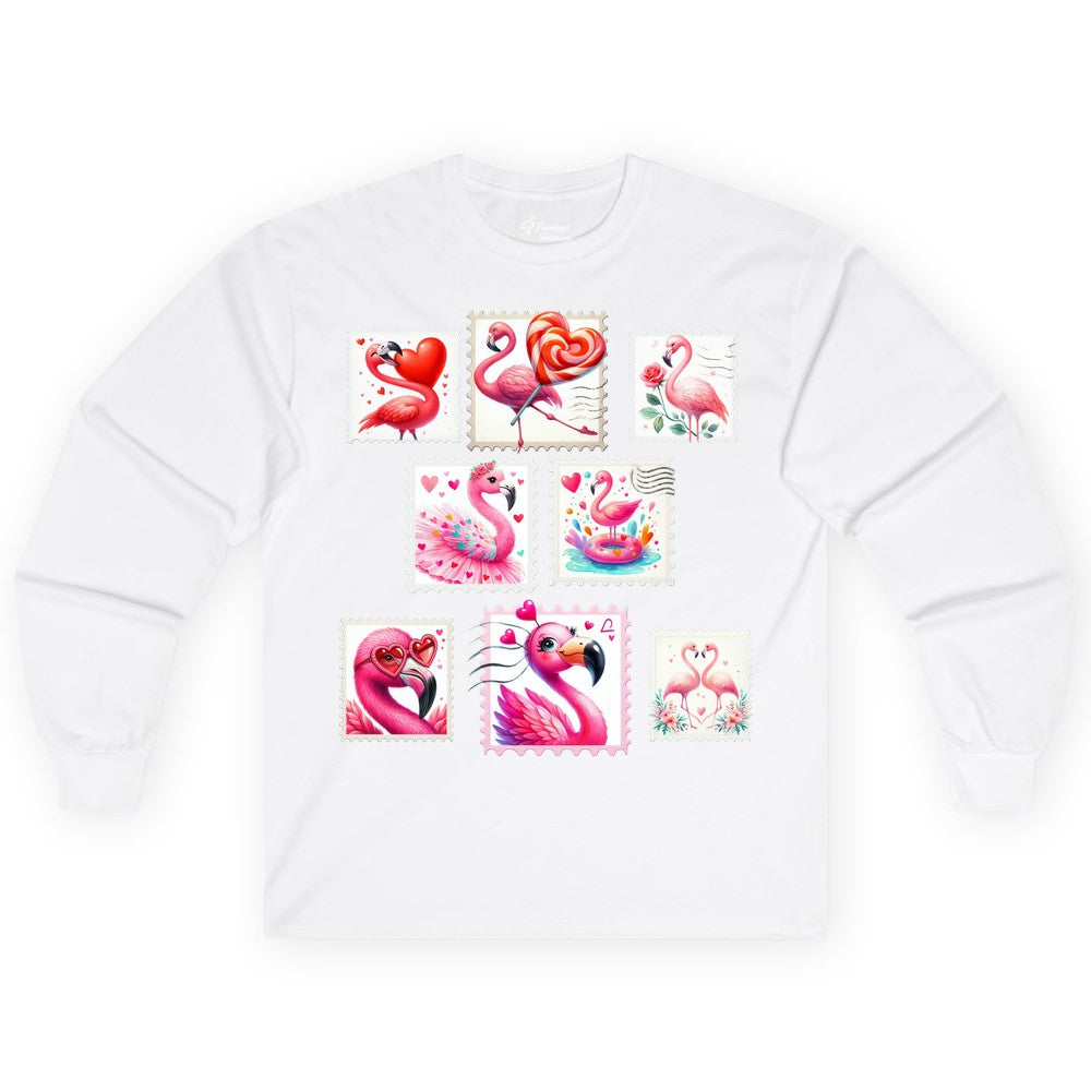 Valentine Flamingo Shirt - Cute Flamingo Love Apparel for Women (Long Sleeve) in White - Cute Valentine Flamingo Postage Stamp Shirt for Women and Girls