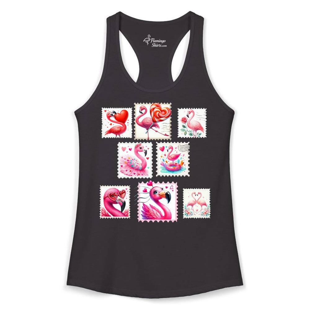 Valentine Flamingo Shirt - Cute Flamingo Love Apparel for Women (Ladies Tank) in Black - Cute Valentine Flamingo Postage Stamp Shirt for Women and Girls