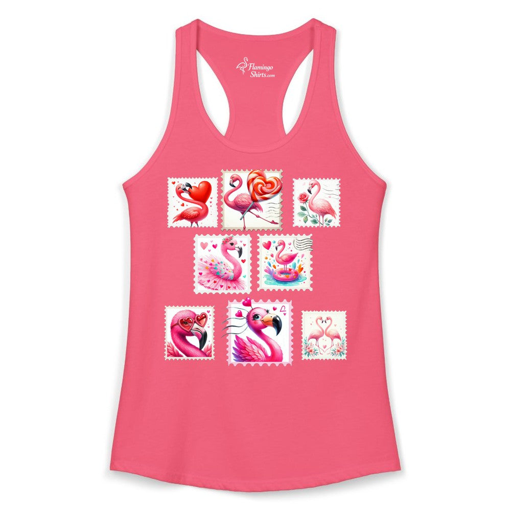 Valentine Flamingo Shirt - Cute Flamingo Love Apparel for Women (Ladies Tank) in Hot Pink - Cute Valentine Flamingo Postage Stamp Shirt for Women and Girls
