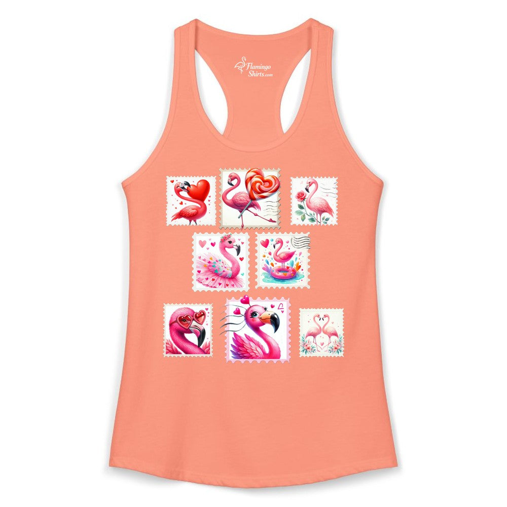 Valentine Flamingo Shirt - Cute Flamingo Love Apparel for Women (Ladies Tank) in Solid Light Orange - Cute Valentine Flamingo Postage Stamp Shirt for Women and Girls
