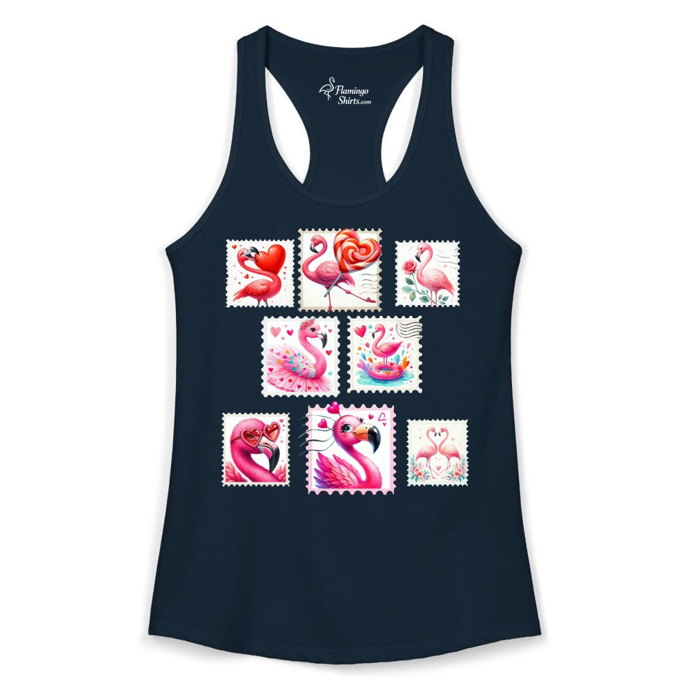 Valentine Flamingo Shirt - Cute Flamingo Love Apparel for Women (Ladies Tank) in Solid Midnight Navy - Cute Valentine Flamingo Postage Stamp Shirt for Women and Girls