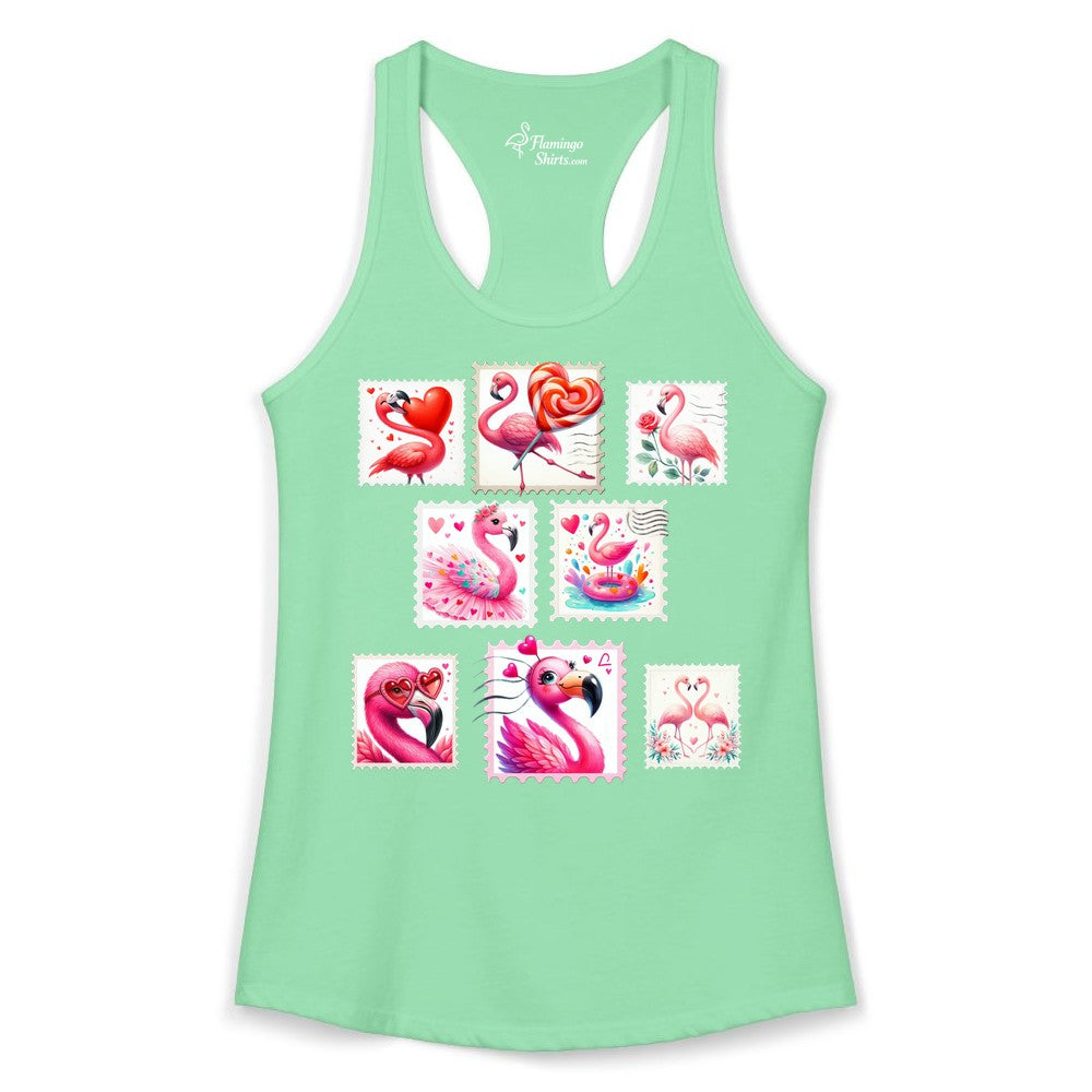 Valentine Flamingo Shirt - Cute Flamingo Love Apparel for Women (Ladies Tank) in Solid Mint - Cute Valentine Flamingo Postage Stamp Shirt for Women and Girls