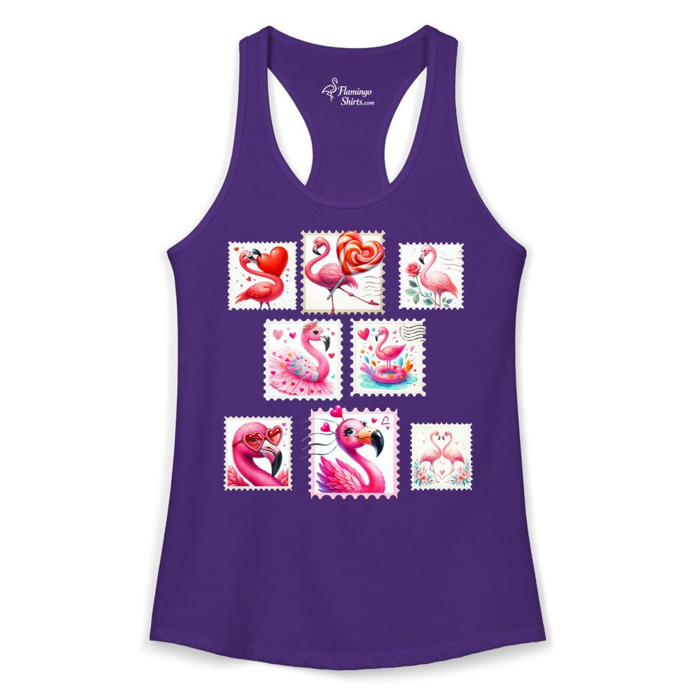 Valentine Flamingo Shirt - Cute Flamingo Love Apparel for Women (Ladies Tank) in Solid Purple Rush - Cute Valentine Flamingo Postage Stamp Shirt for Women and Girls